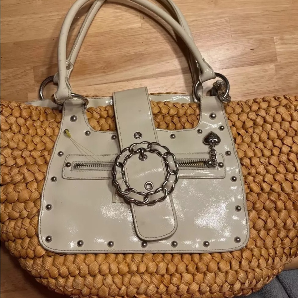 Kathy Van Zeeland Purse Straw Cream and Tan Shoulder Bag Vintage Bag Charms Lg